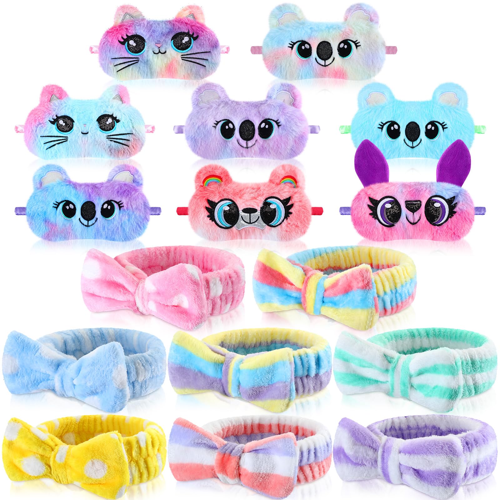 Maiteenly 16 Pcs Sleepover Party Supplies 8 Pcs Animal Sleep Eye Masks 8 Pcs Bow Makeup Headbands Plush Sleeping Eye Mask for Washing Face Makeup Shower Women Gift