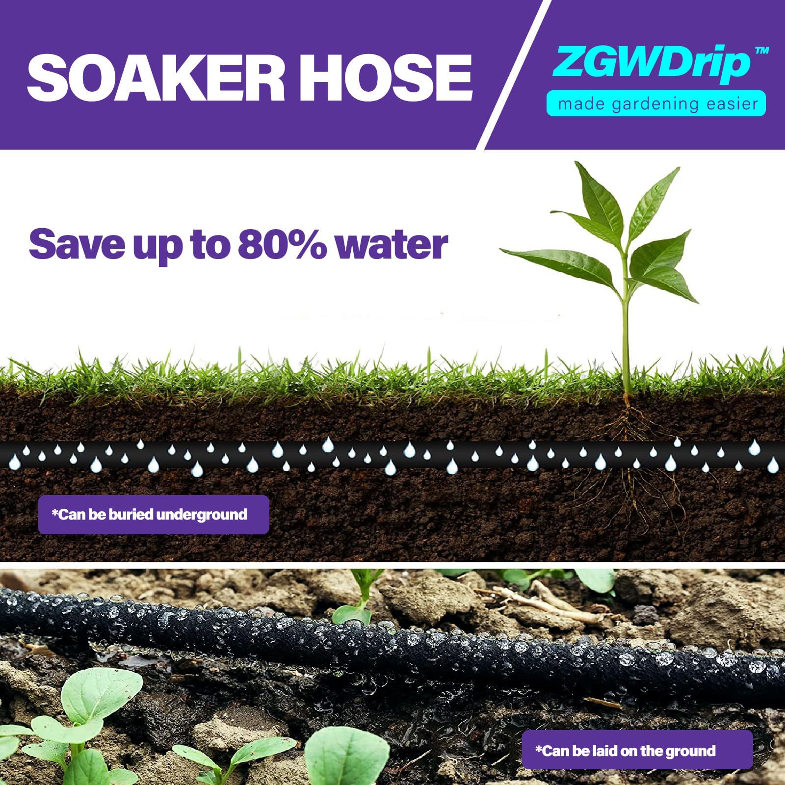 ZGWDrip Soaker Hose 150 FT,1/2 Inch Soaker Garden Hose with 3/4" Solid Brass Connectors Save 80% Water Drip Irrigation Kit for Lawn/Yard Landscaping beds