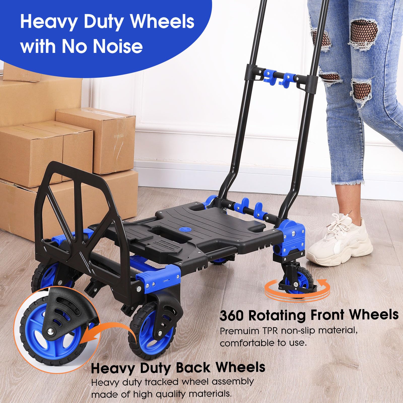 2 in 1 Folding Hand Truck with Folding Basket, 330lbs Heavy Duty Hand Truck Dolly, Portable Moving Dolly Foldable Hand Truck with Retractable Handle, Dolly Cart with Wheels for Market Warehouse (Blue)