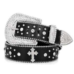 beltroad rhinestone belt for men women, western cowboy cowgirl belts bling leather belt with cross and diamond for jeans