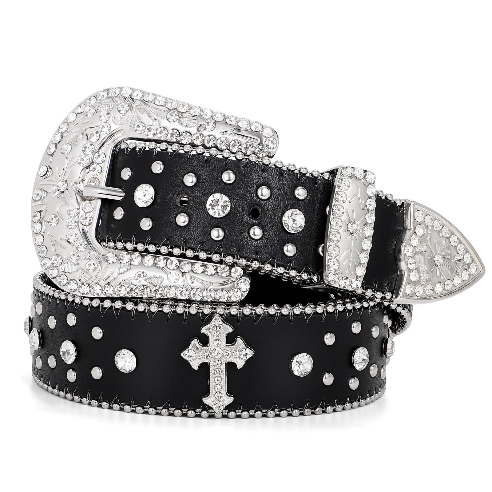 BELTROAD Rhinestone Belt for Men Women, Western Cowboy Cowgirl Belts Bling Leather Belt With Cross and Diamond for Jeans