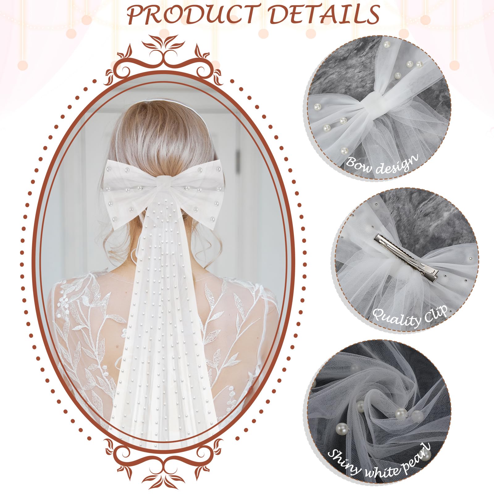 Dingion 9.84 ft 1 Tier Wedding Bow Knot Veil Long Pearl Veils White Tulle Hair Clip Bride Hair Accessories for Bridal Shower Bachelorette Party Decorations