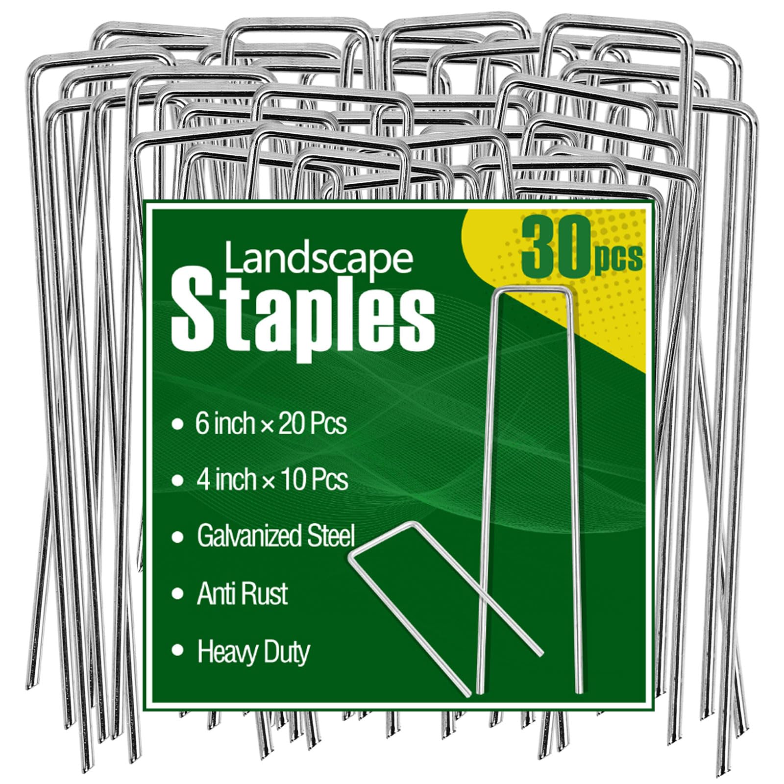 30 Pcs Galvanized Landscape Staples Metal Garden Stakes Heavy Duty for Ground Cover, U-Shaped Pins Yard Stakes Weed Barrier Fabric, Garden Hose, Drip Irrigation, 1.6 inch*(6 inch+4 inch)