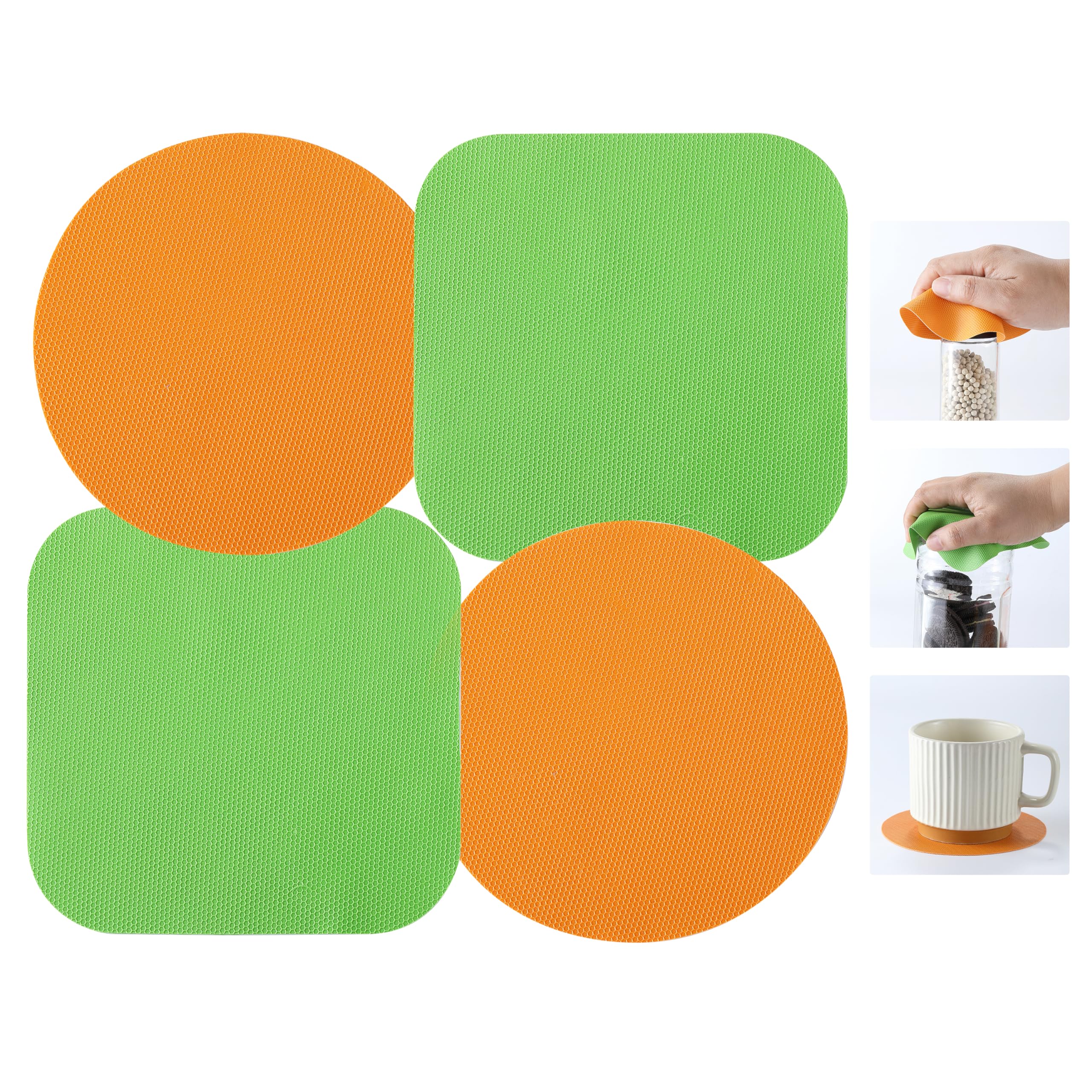 4PCS Jar Opener Gripper Pads, MONGSEW Rubber Jar Opener Grippers for Seniors with Arthritis & Weak Hands (Orange+Green)