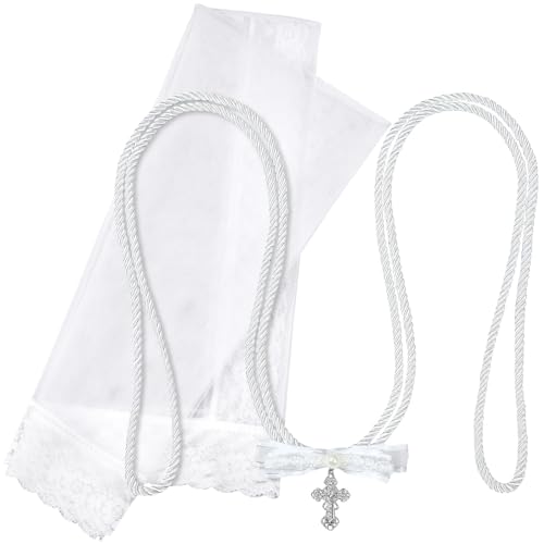 2 Pcs Wedding Veil and Cord Set, Wedding Lasso Lazo Para Boda with Cross for Catholic Wedding Ceremony Mexican Bridal Gifts(White Bowknot)