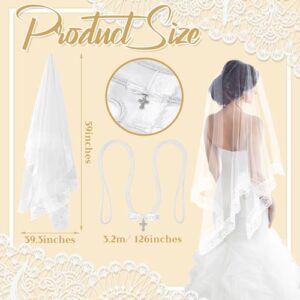 2 Pcs Wedding Veil and Cord Set, Wedding Lasso Lazo Para Boda with Cross for Catholic Wedding Ceremony Mexican Bridal Gifts(White Bowknot)