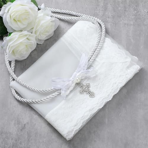 2 Pcs Wedding Veil and Cord Set, Wedding Lasso Lazo Para Boda with Cross for Catholic Wedding Ceremony Mexican Bridal Gifts(White Bowknot)