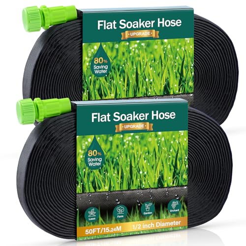 Soaker Hose - Flat Soaker Hose 100 FT for Garden Beds, Garden Soaker Hoses with Heavy Duty, Double Layer Sprinkler Soaker Hoses