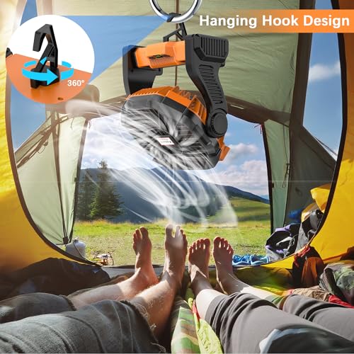 Portable Camping Fan with LED Lantern - Cordless Rechargeable Battery Powered Fan, 270°Pivot Personal USB Desk Fan, 4 Speed Quiet Table Fan, 32Hrs Battery Operated Tent Fan for Travel, Picnic (Orange)