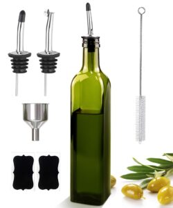 17oz olive oil dispenser bottle, 500ml oil & vinegar cruet with 2 stainless steel pourers, 2 labels,1 brush and 1 funnel for kitchen-green