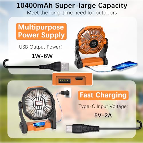 Portable Camping Fan with LED Lantern - Cordless Rechargeable Battery Powered Fan, 270°Pivot Personal USB Desk Fan, 4 Speed Quiet Table Fan, 32Hrs Battery Operated Tent Fan for Travel, Picnic (Orange)