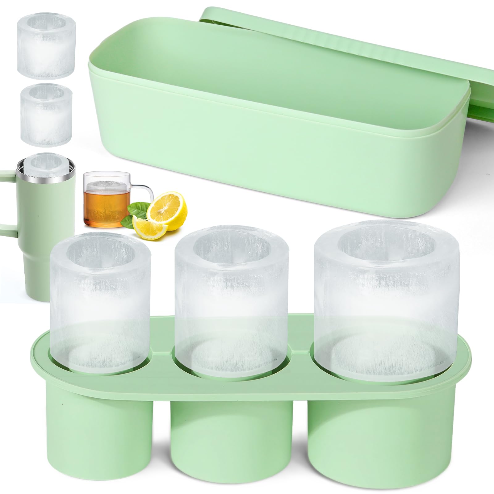 Ice Cube Tray for 20-40oz Tumbler Cup, 3pcs Large Silicone Cylinder Ice Cube Molds for Freezer, Ice Maker With Lid and Bin, Ice Drink, Juice, Whiskey, Chilling Cocktail, Tea, Coffee (Green)