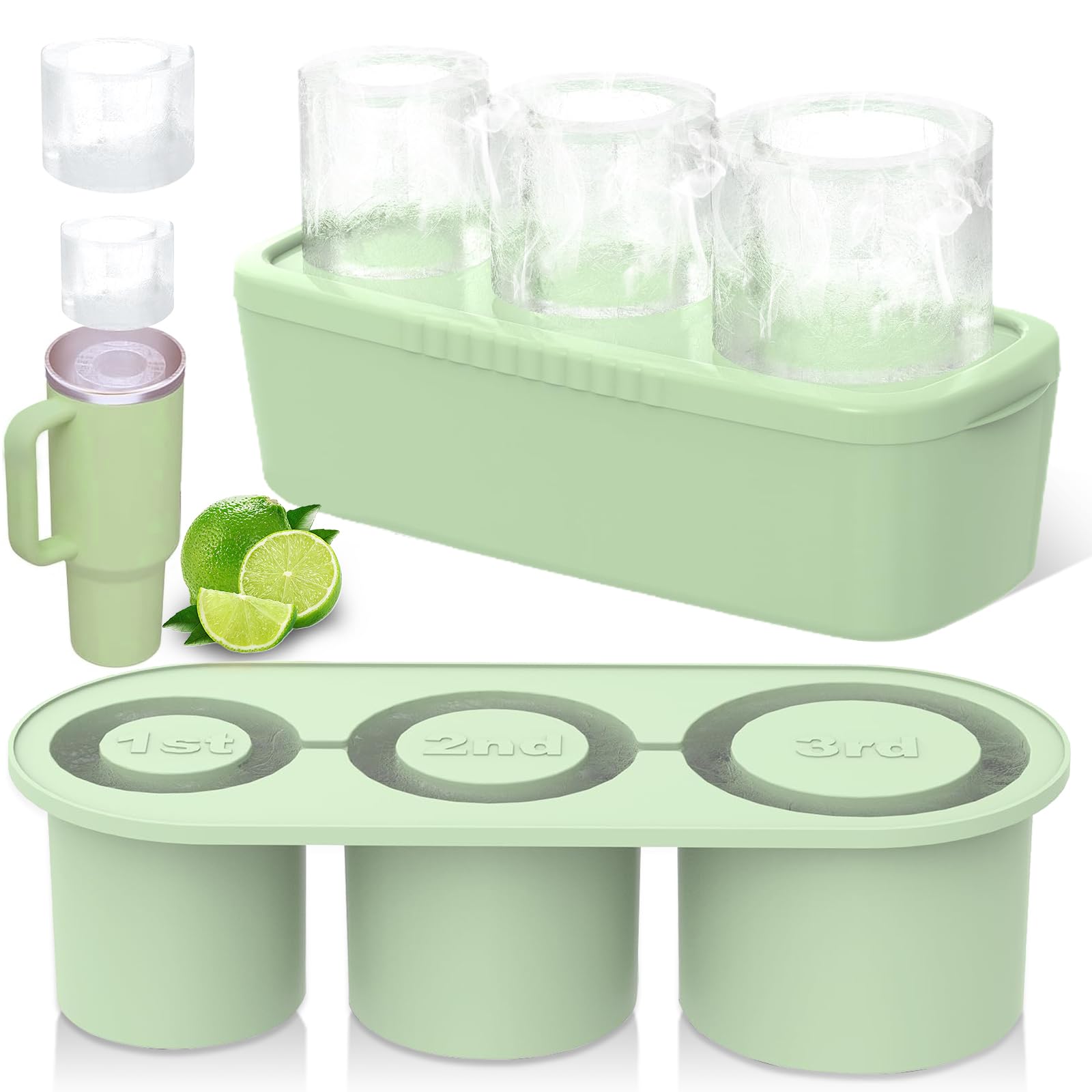 Ice Mold for Stanley Cup，Ice Cube Tray for 30oz-40oz Tumbler，3 Pcs Silicone Cylinder Tumbler Ice Mold with Lid for Freezer,Ice Drink, Whiskey, Juice, Coffee, Easy Fill and Release Ice Maker Green