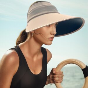 Harlang Wide Brim Summer Visor Cap for Women Sun Protection Empty -top Golf Hat Foldable for Beach Garden Tennis Running Sunshade Khaki