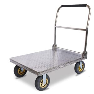 Generic Foldable Push Hand Cart Platform Truck Stainless Steel Deck Large Load Capacity and Foldable Handle with Sponge Ideal for Heavy Duty Moving Transport, 8in wheels