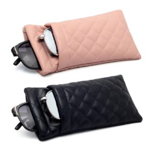 anlioto 2 pcs double glasses case, pu leather double eyeglass case large squeeze top portable sunglass case for women men