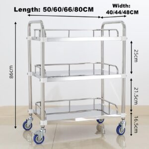 Metal Cart On Wheels,Food Cart,Stainless Steel Kitchen Cart,w/ 360° Swivel Wheels Lockable,Ergonomic Handle,Lab Rolling Cart,for Garage, Kitchen, Hotel, Office, Warehouse (Color : 3 Layer, Size : 80