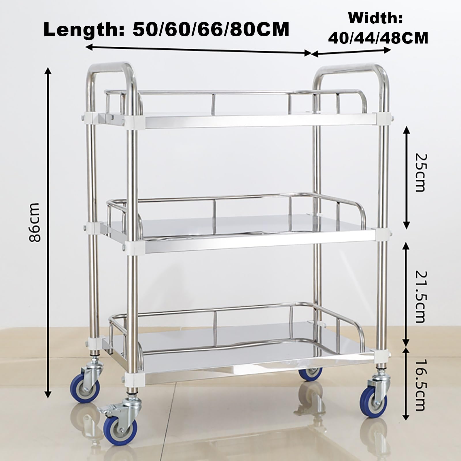 Metal Cart On Wheels,Food Cart,Stainless Steel Kitchen Cart,w/ 360° Swivel Wheels Lockable,Ergonomic Handle,Lab Rolling Cart,for Garage, Kitchen, Hotel, Office, Warehouse (Color : 3 Layer, Size : 80