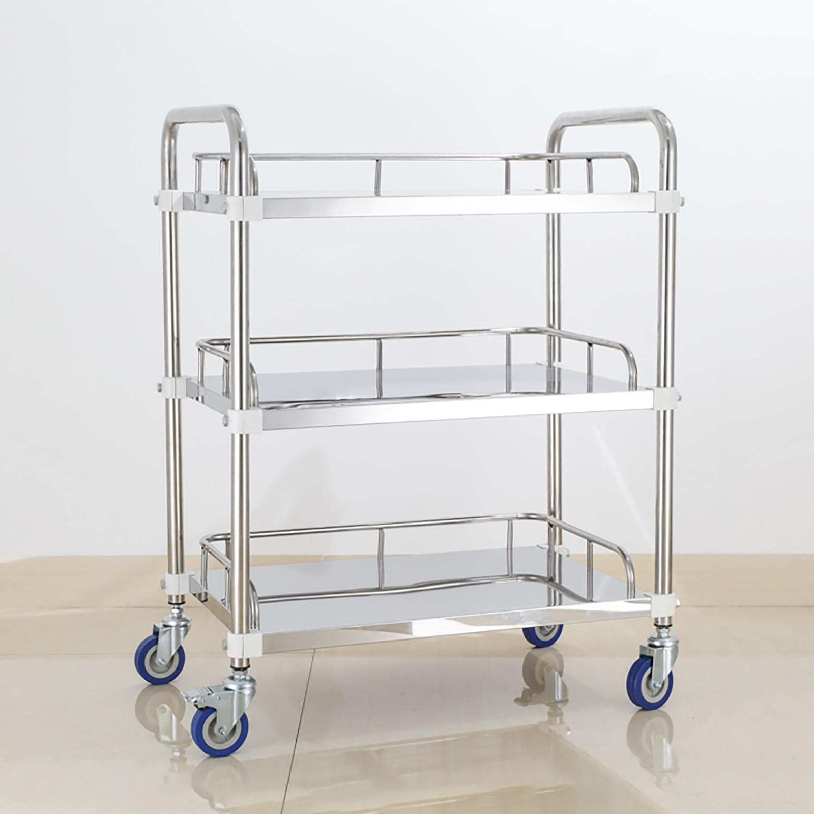 Metal Cart On Wheels,Food Cart,Stainless Steel Kitchen Cart,w/ 360° Swivel Wheels Lockable,Ergonomic Handle,Lab Rolling Cart,for Garage, Kitchen, Hotel, Office, Warehouse (Color : 3 Layer, Size : 80