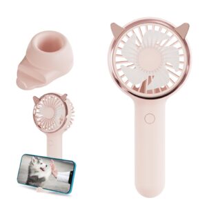 handheld fan mini portable fan, usb desk fan with base as a phone holder, cat ear design battery operated fans with rgb color light, personal fan for kids,women,indoor,outdoor,party(cat-pink)