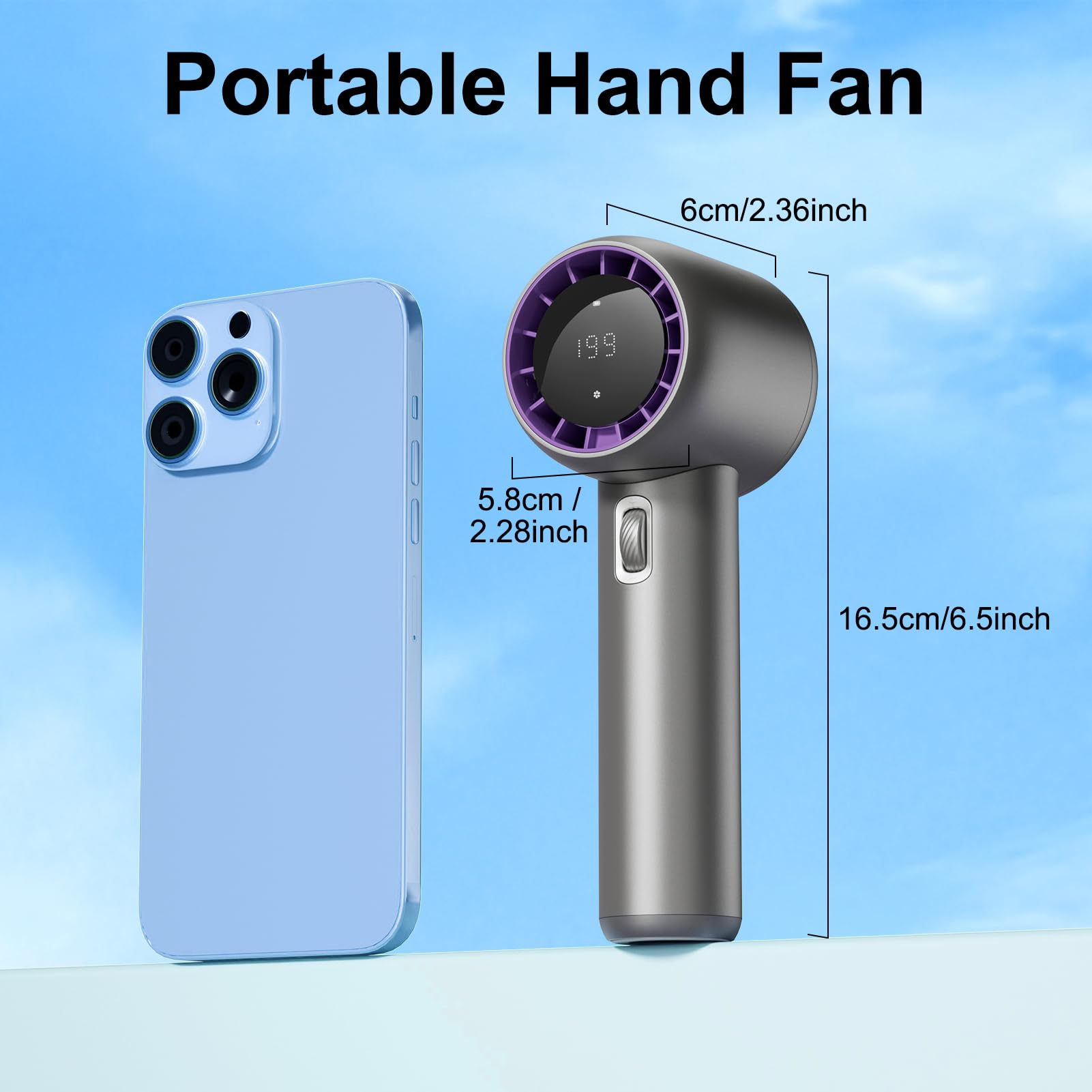 Highspeed Portable Handheld Fan: Speed Adjustable (1-199) Mini Fan with Digital Display and 3500mAh Rechargeable Battery - Ideal Gifts for Women and Men for Travel, Camping, and Outdoor Use Metal Grey