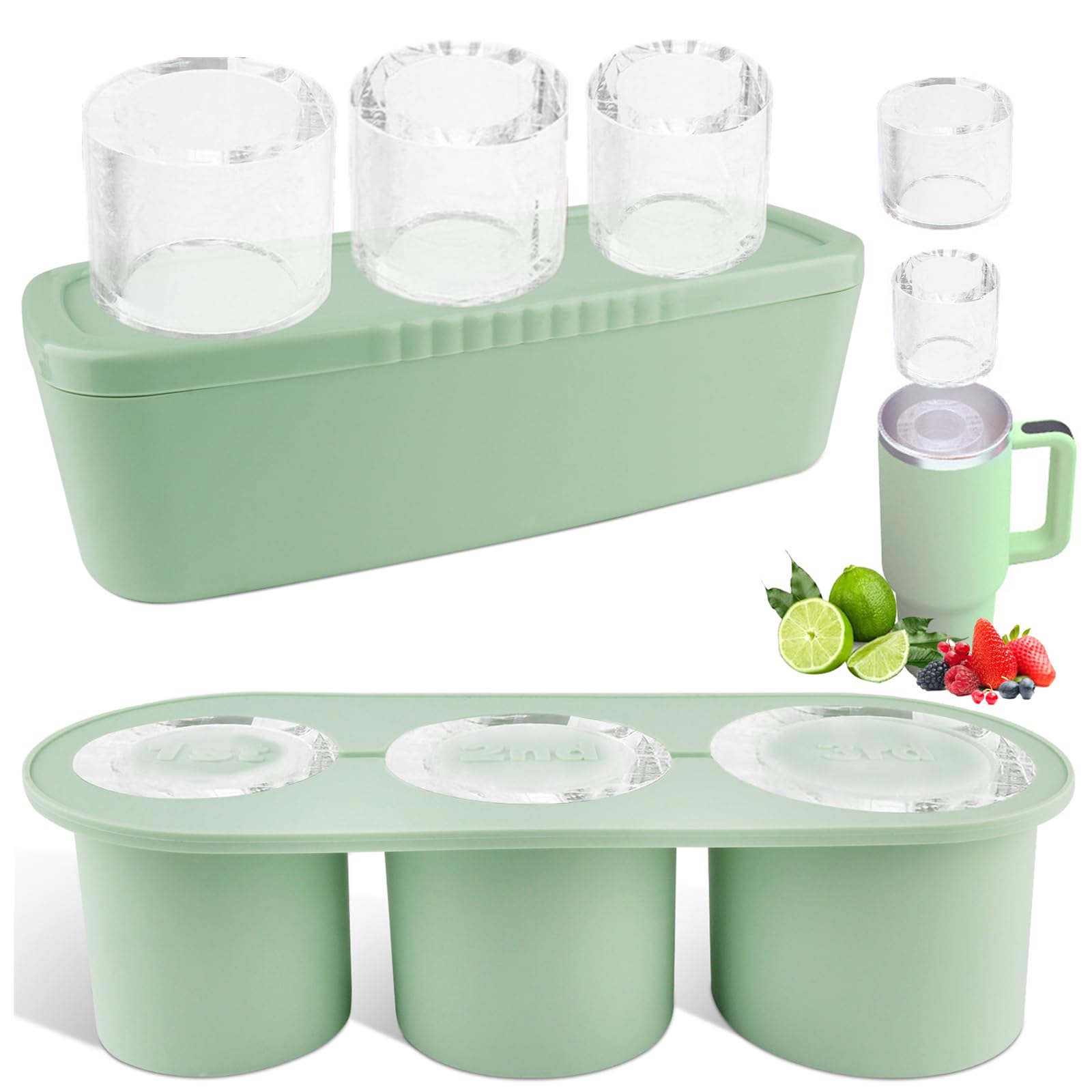 Fu Store Ice Cube Tray for Tumbler Cup 30-40 oz Tumbler 3pcs Silicone Ice Cube Molds With Lid and Bin for Chilling Cocktails Whiskey Drinks Juice Coffee Easy Fill and Release Ice Maker(Green, 40 oz)