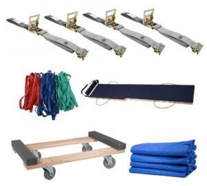 mytee products 7' piano moving skid safety board kit - piano moving pad w/ 18"x32" rubber cap dolly, 4pc e track ratchet straps 2"x16', 4pc economy moving blanket & 36pc variety moving rubber bands