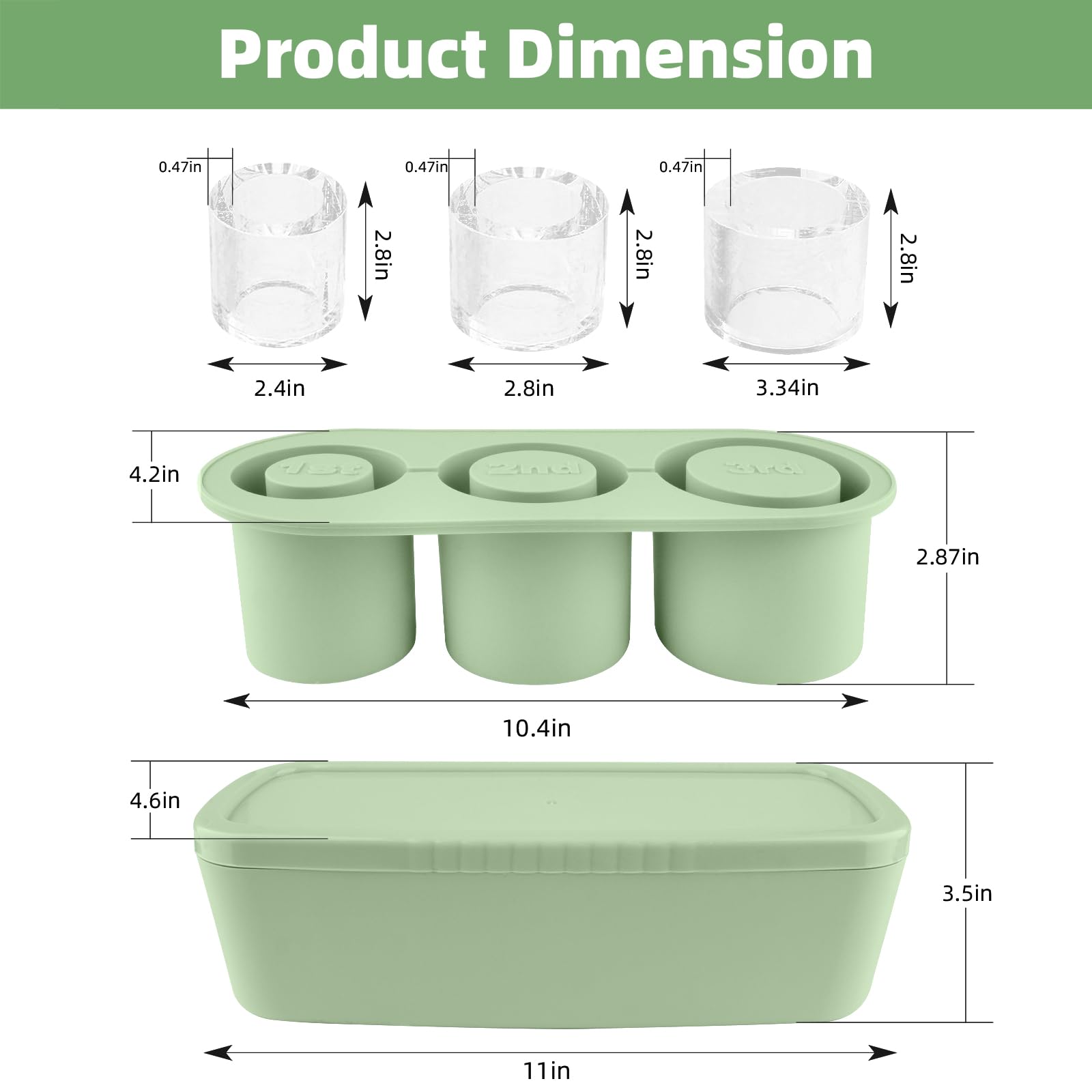 Fu Store Ice Cube Tray for Tumbler Cup 30-40 oz Tumbler 3pcs Silicone Ice Cube Molds With Lid and Bin for Chilling Cocktails Whiskey Drinks Juice Coffee Easy Fill and Release Ice Maker(Green, 40 oz)