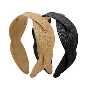 wovowovo straw headbands for women girls rattan wide headband for women’s hair fashion summer boho braided head bands non slip hairbands accessories, 2 pack