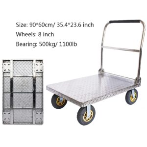 Generic Foldable Push Hand Cart Platform Truck Stainless Steel Deck Large Load Capacity and Foldable Handle with Sponge Ideal for Heavy Duty Moving Transport, 8in wheels