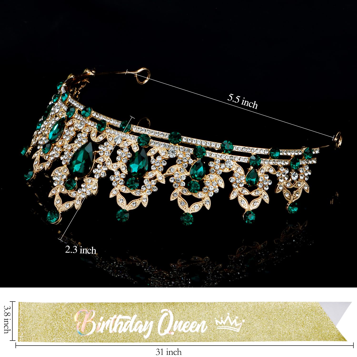 Atoden Green Birthday Crown and Birthday Queen Sash Tiara Birthday Girls Women Crystal Crown Princess Birthday Party Decorations Rhinestone Happy Birthday Accessories for Party Birthday Gifts