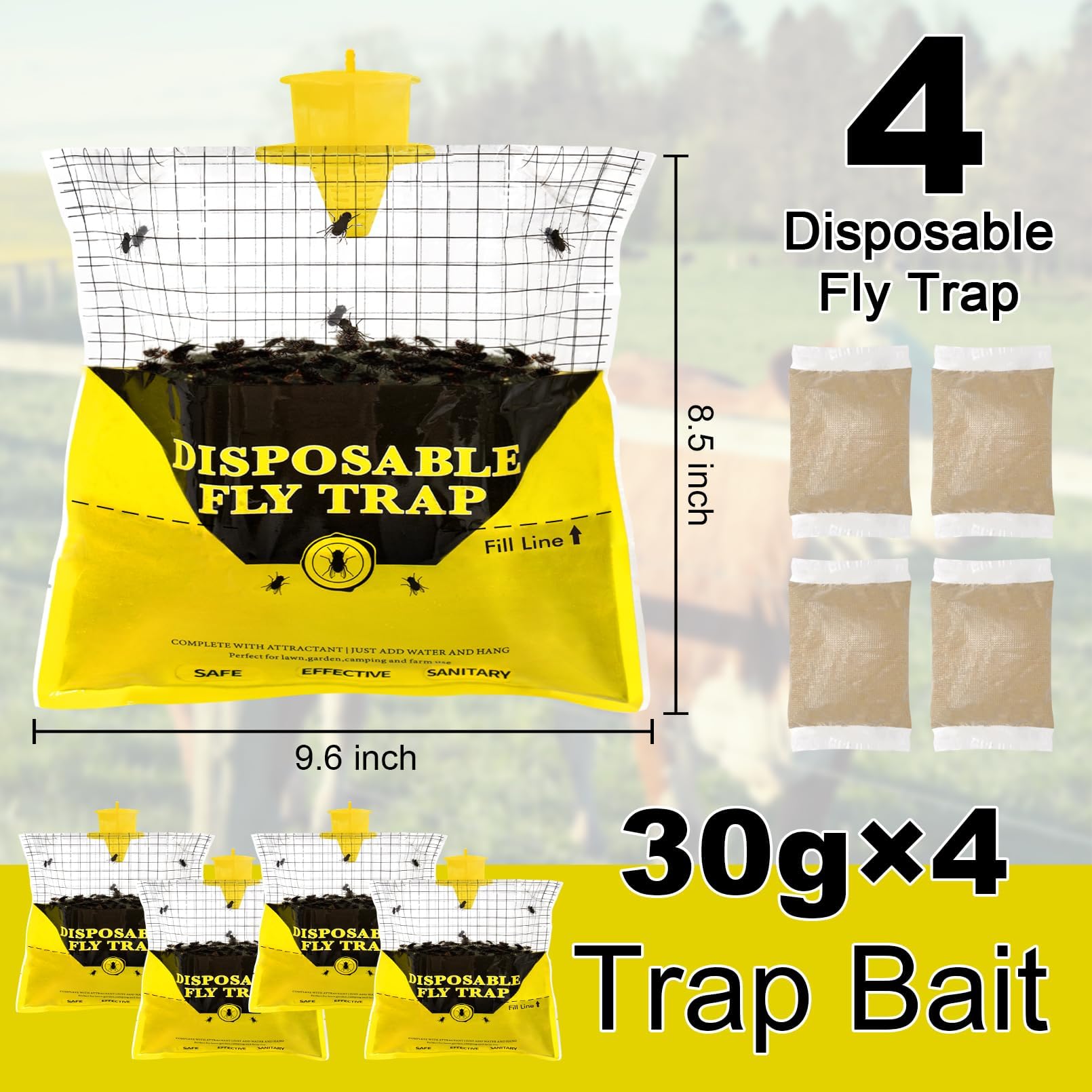 Glovv Fly Traps Outdoor Hanging, 4 Natural Pre-Baited Fly Hunter Stable Horse Ranch Fly Trap, Mosquito Fly Bags Outdoor Disposable Catchers Killer Repellent for Barn Farm Patio & Camping