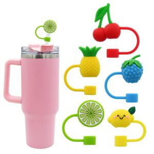 meitesti silicone straw cover for 10mm straw covers cap for stanley cup accessories, cute straw topper for tumblers straw cap stopper for reusable straws tip lids (5pcs fruit straw cap)