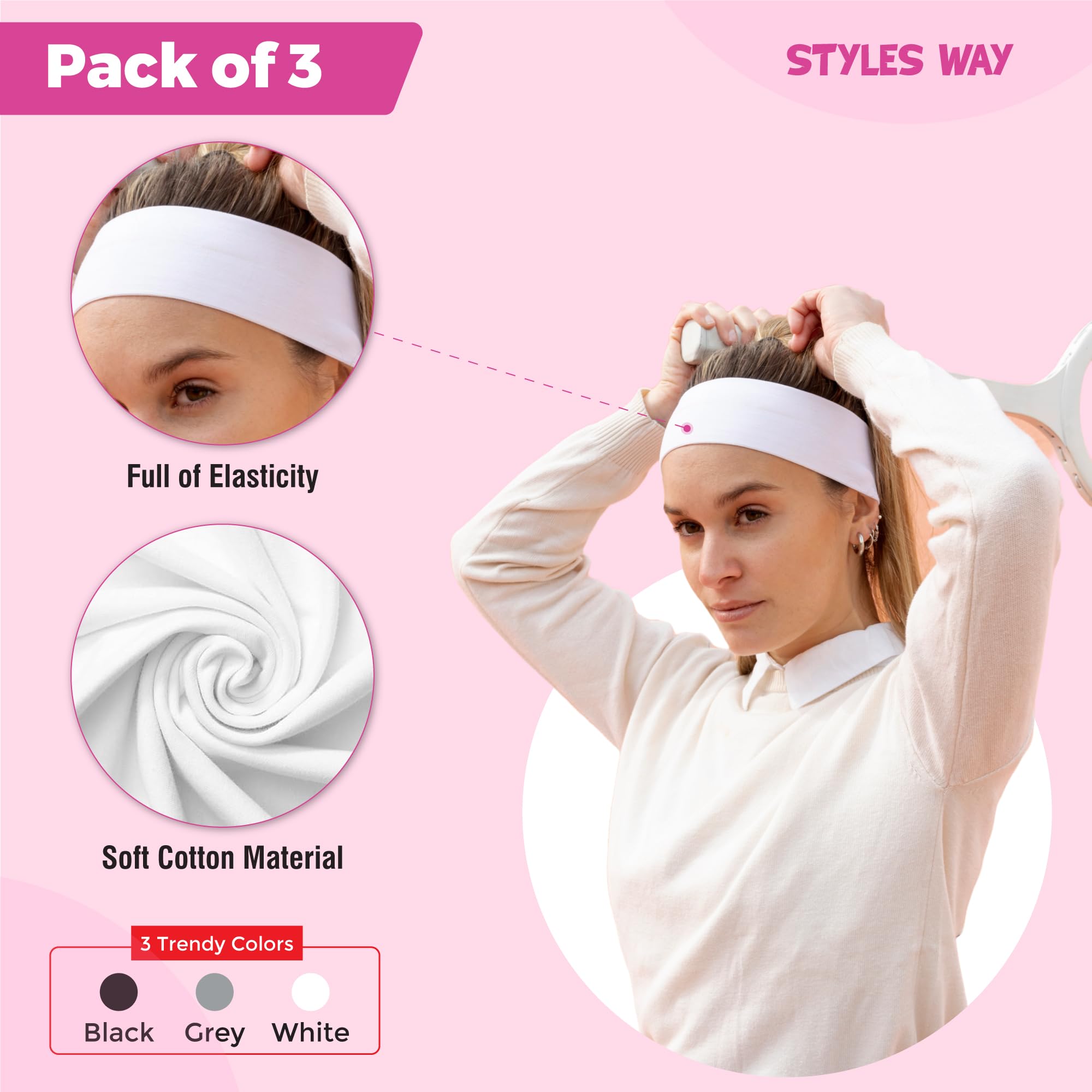 3 PCS Non Slip Headbands, Soft Cloth Sports Headband, Elastic Hairband, Headbands for Women Non Slip, Headbands for Women for Daily Workout Yoga Running and Sports