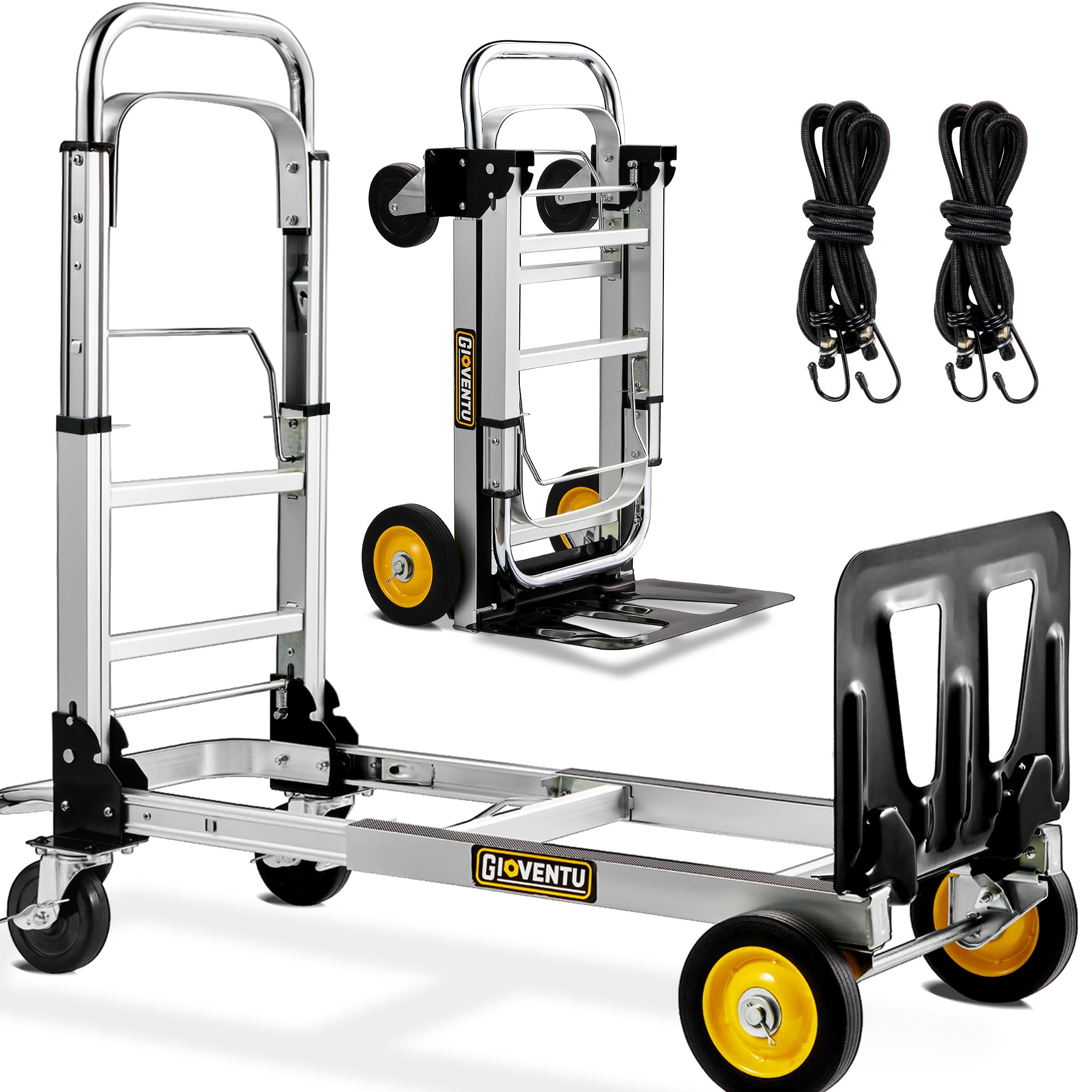 Upgraded Convertible Hand Truck Dolly, 3 in 1 Folding Hand Truck 440 lbs Capacity, Aluminum Utility Dolly Cart with Rubber Brake-Wheels, Anti-Slip Strip & 2 Bungee Ropes for Luggage Moving Warehouse