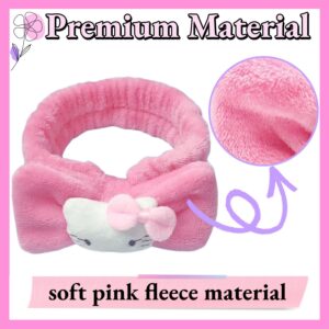 Frumiwca Skincare Headband Spa Headband and Wristband Set for Washing Face Kawaii Kitty Pink Cute Bubble Makeup Headband Kit for Women Knotted Bow Kawaii Skin Care Accessories (3PCS, Pink)