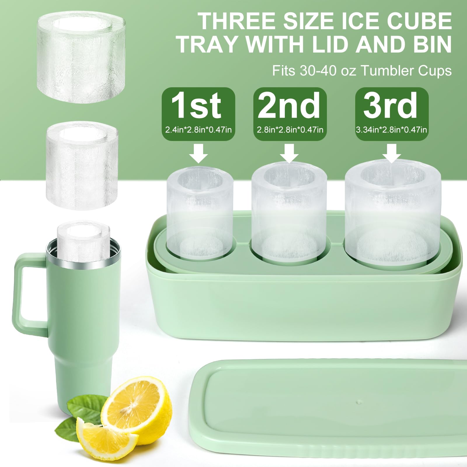 Ice Cube Tray for 20-40oz Tumbler Cup, 3pcs Large Silicone Cylinder Ice Cube Molds for Freezer, Ice Maker With Lid and Bin, Ice Drink, Juice, Whiskey, Chilling Cocktail, Tea, Coffee (Green)