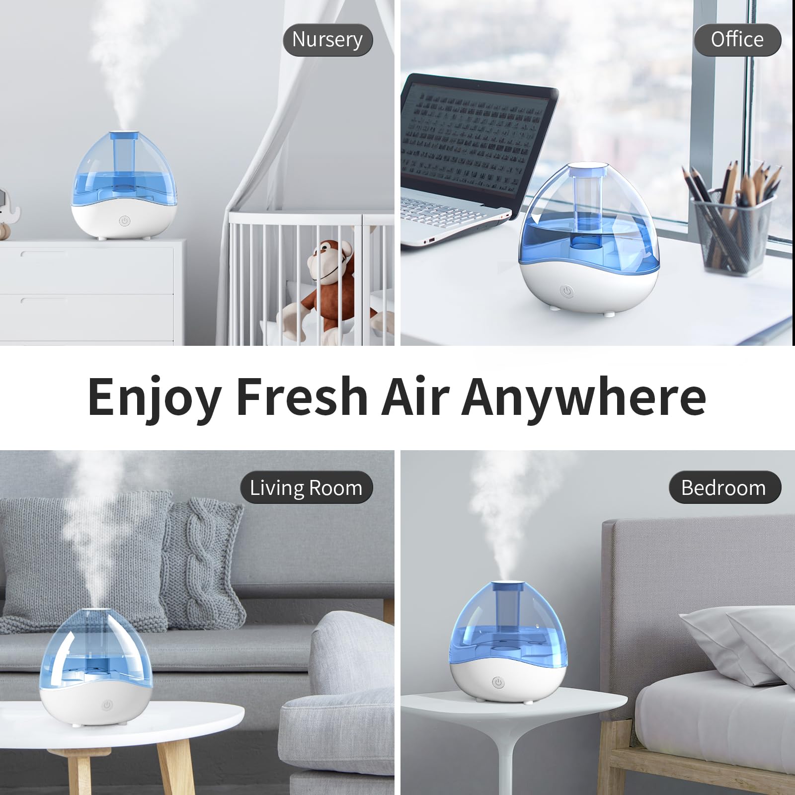 Humidifiers for Bedroom, Quiet Ultrasonic Cool Mist Humidifier, Desk Humidifiers with Removable Water Tank, Up To 24 Hours Humidifiers with Night Light for Home Baby Nursery and Plants