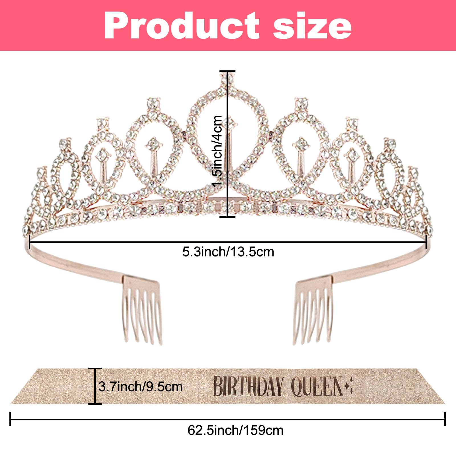 Foxtell Birthday Glasses Birthday Sash and Tiara for Women Rhinestone Crown and Sash for Girls Women Birthday Party Decoration Kit Crystal Glasses and Rose Gold Hair Accessories