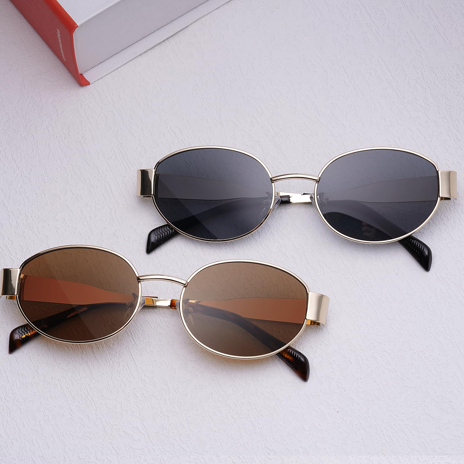 knliwkm 2 Pack Gold Retro Oval Sunglasses for Women Trendy Fashion Designer Dupes Shades Vintage 90s Sun Glasses