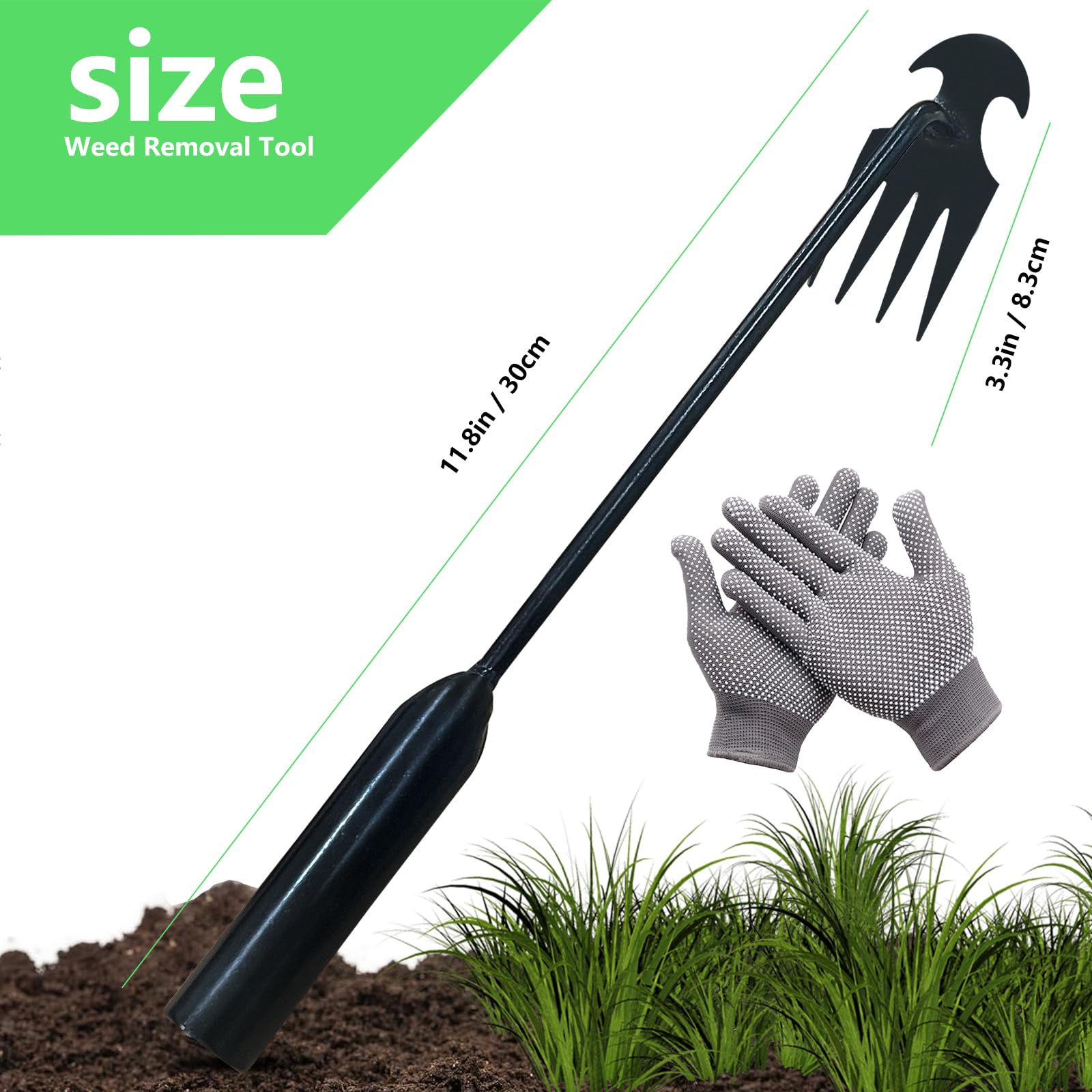 Doubleggs Weed Puller Tool, 4 Teeth Durable Garden Weed Pulling Tool, Portable Garden Weeder Tool with Gloves for Vegetable Gardening, Backyard Farm Weeding Tool (11.81 inch / 30 cm)