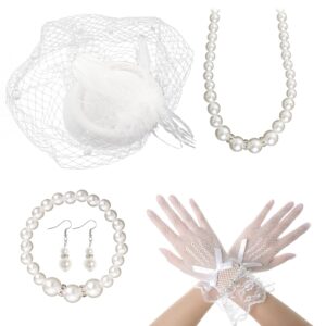 heliltd 5pcs lace fascinators for women tea party fascinator hat for women white veil feathers hats gloves pearl jewerly set