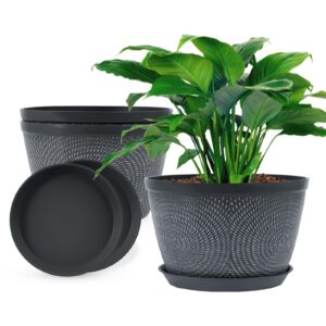 quarut 10 inch flower pots planters for outdoor indoor, 3 pack plastic plant pots with drainage hole & tray, modern decorative garden pot with saucer, planters for house (gray)