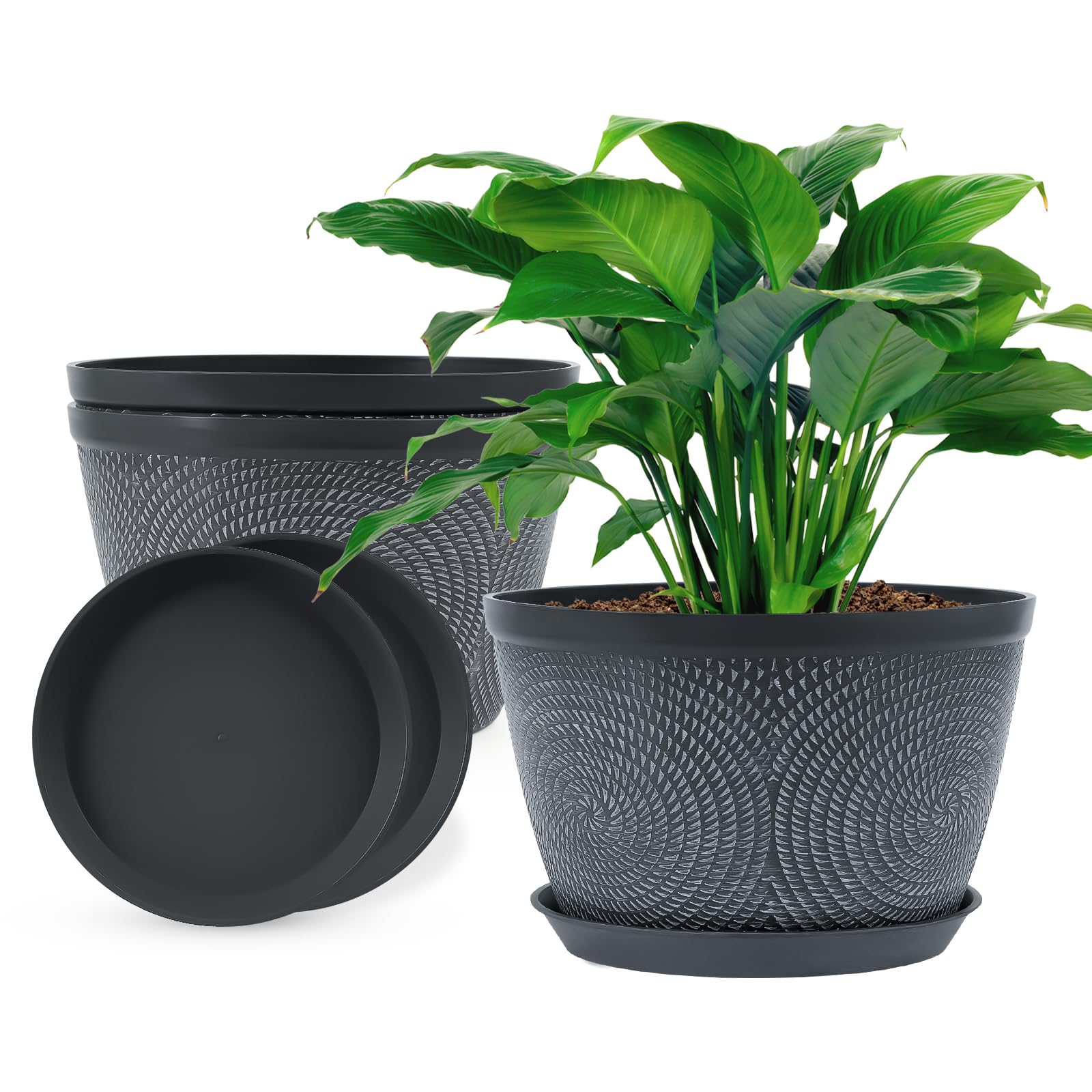 Quarut 10 Inch Flower Pots Planters for Outdoor Indoor, 3 Pack Plastic Plant Pots with Drainage Hole & Tray, Modern Decorative Garden Pot with Saucer, planters for House (Gray)