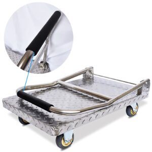 Generic Foldable Push Hand Cart Platform Truck Stainless Steel Deck Large Load Capacity and Foldable Handle with Sponge Ideal for Heavy Duty Moving Transport, 8in wheels