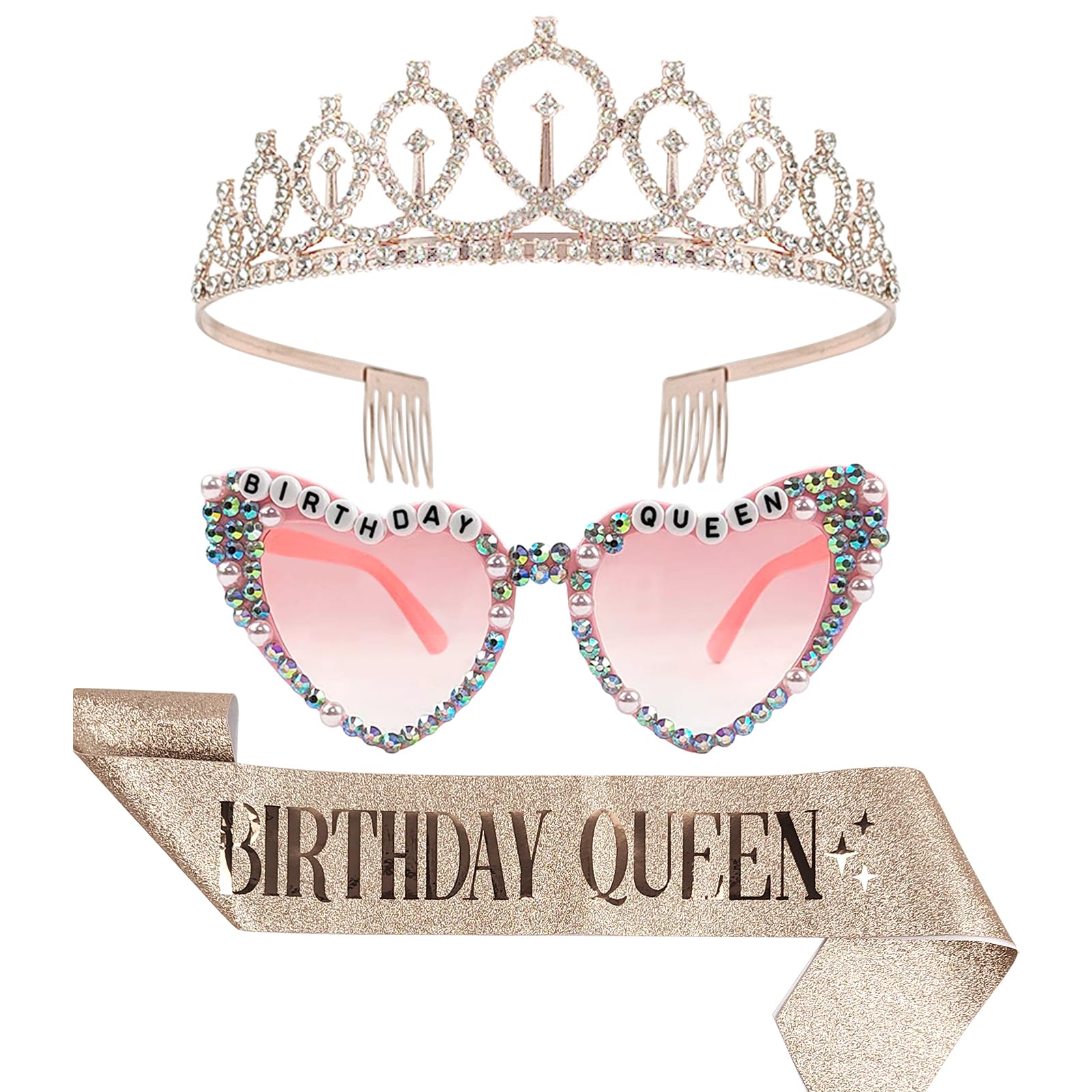 Foxtell Birthday Glasses Birthday Sash and Tiara for Women Rhinestone Crown and Sash for Girls Women Birthday Party Decoration Kit Crystal Glasses and Rose Gold Hair Accessories