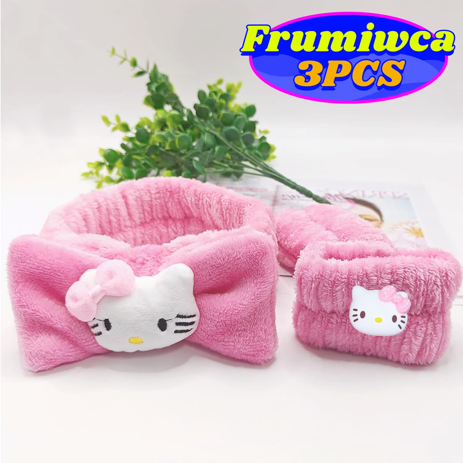 Frumiwca Skincare Headband Spa Headband and Wristband Set for Washing Face Kawaii Kitty Pink Cute Bubble Makeup Headband Kit for Women Knotted Bow Kawaii Skin Care Accessories (3PCS, Pink)