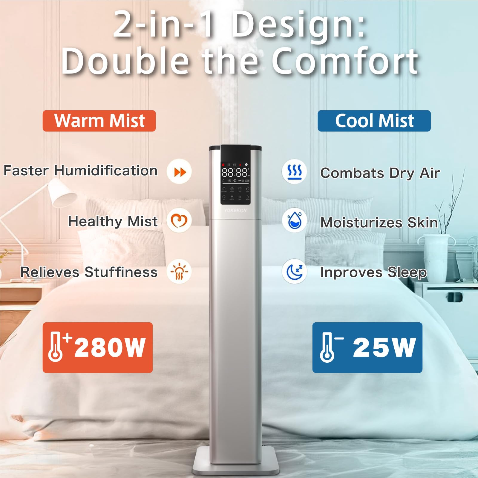 YOKEKON Humidifier Large Room, Warm and Cool Humidifiers for Bedroom, 3.4Gal Humidifiers for Home 1000 sq ft, Quickly & Evenly Humidify Whole House, Top Fill, Aroma Box, Baby Yoga Plants, Silver