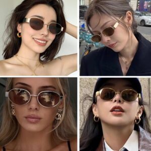 knliwkm 2 Pack Gold Retro Oval Sunglasses for Women Trendy Fashion Designer Dupes Shades Vintage 90s Sun Glasses