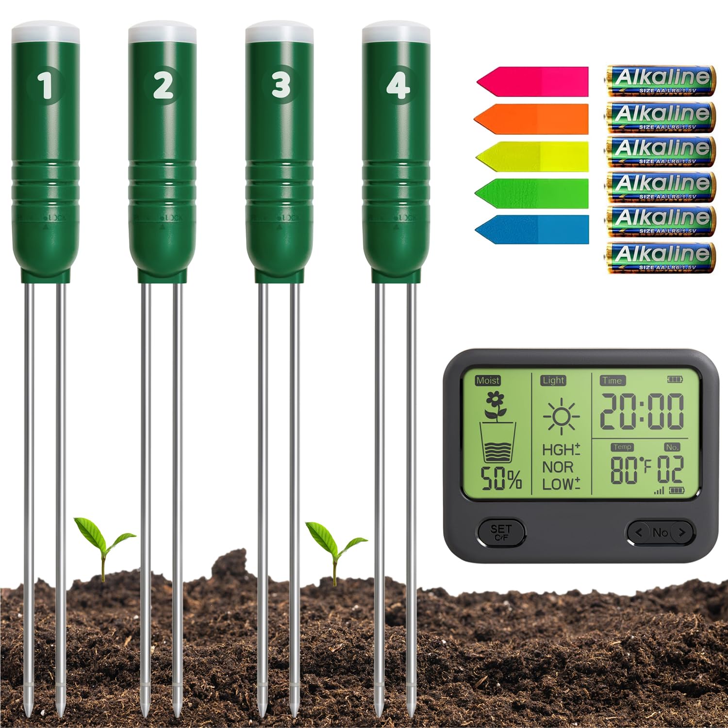 Reyke Soil Moisture Meter for Plants, 4-in-1 Soil Tester for Moisture/Temperature/Sunlight/Time, Digital Sensor, Water Meter for Outdoor &Indoor Plants, Ideal for Garden, Farm, Lawn- Battery Included